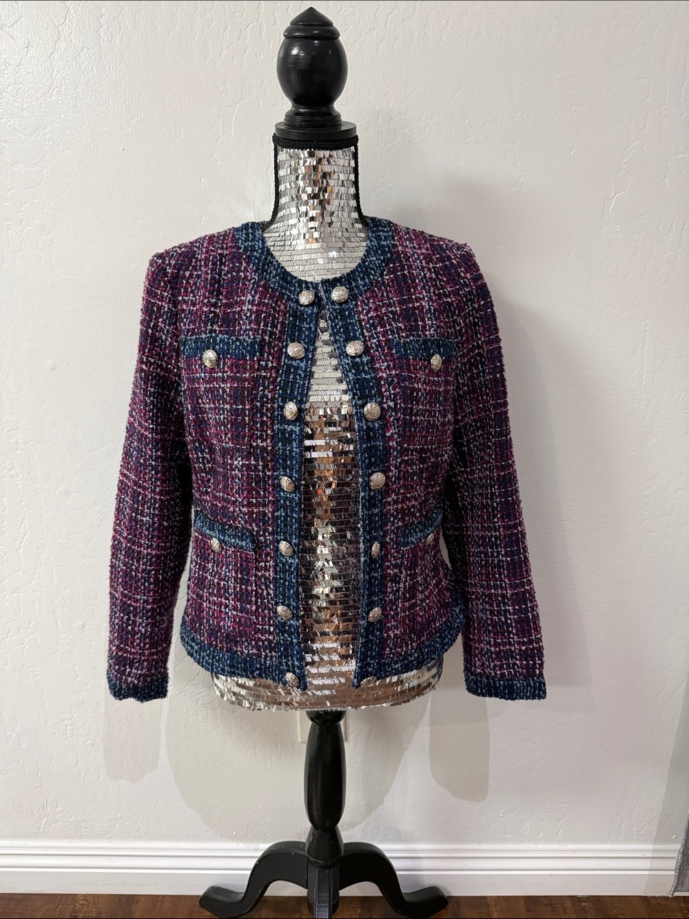 White House Black Market Purple Tweed Jacket with Navy Trim